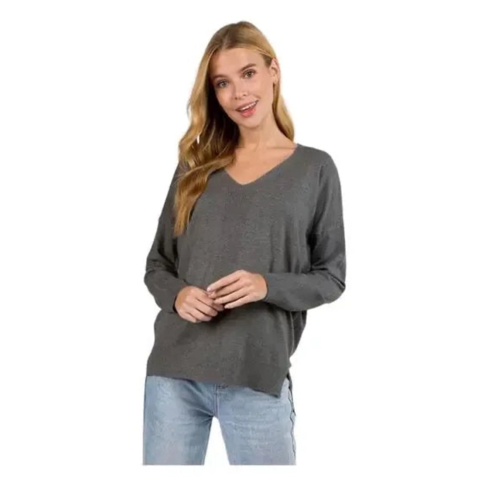 Soft and stylish charcoal gray v-neck sweater